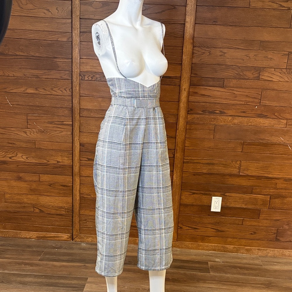 Japna Gray Plaid High-Waist Cropped Jumpsuit